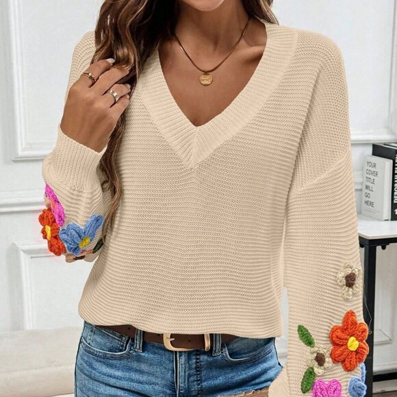 Apricot Casual Women's V-Neck Crochet Lantern Sleeve Pullover Sweater - Picture 1 of 7